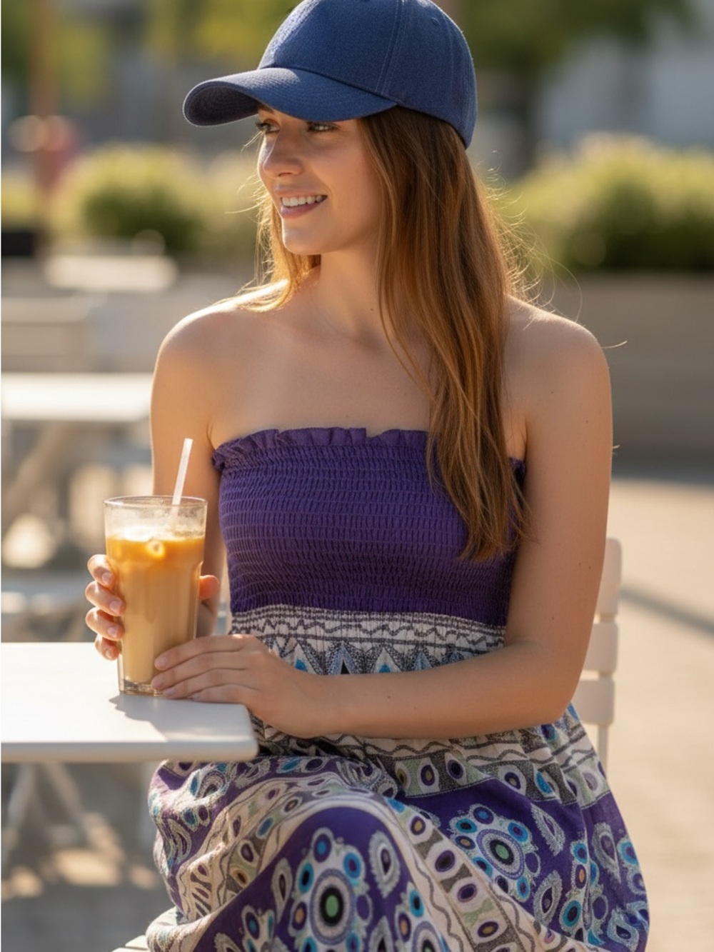 Strapless Smocked Purple Patterned Maxi Dress